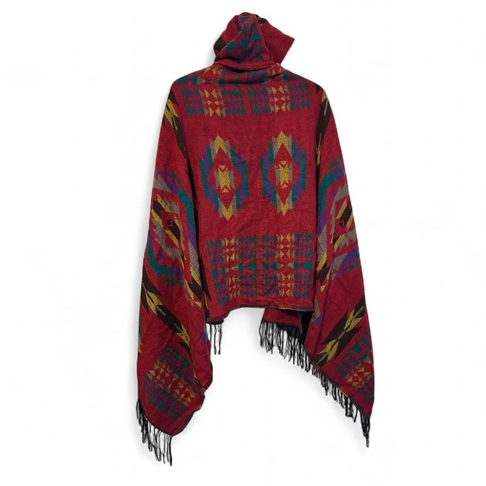 Western Southwest Mexican Aztec Fringe Poncho Shawl Hooded Red OS Toggle - Picture 2 of 3